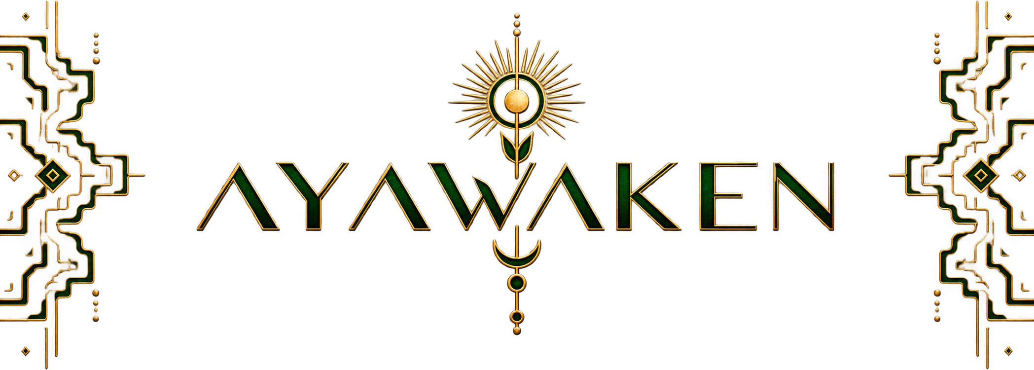 AyaWaken in green and gold, with a sun and subtle Shipibo inspired geometric borders